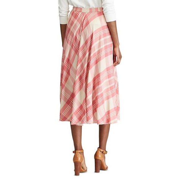 Chaps Ralph Lauren Silky Elastic-Waist Midi Pink & Beige Flowing Midi Skirt - Picture 2 of 4